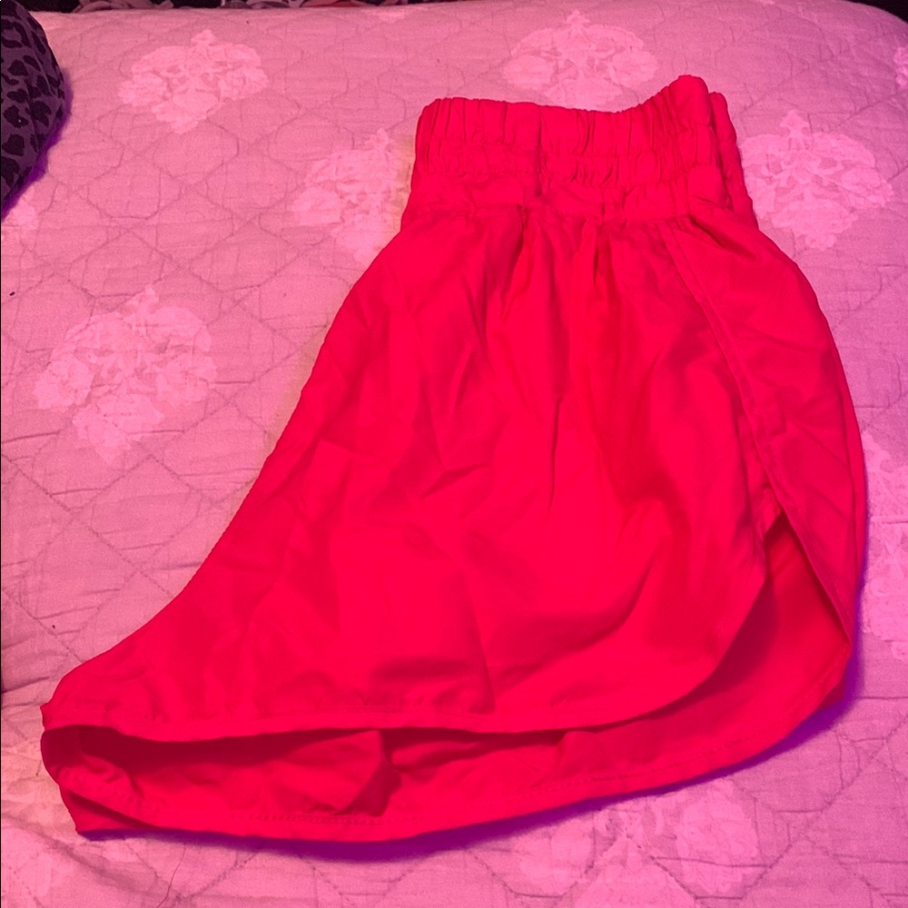 Cotton Candy Red Asymmetrical Bubble Midi Shorts
